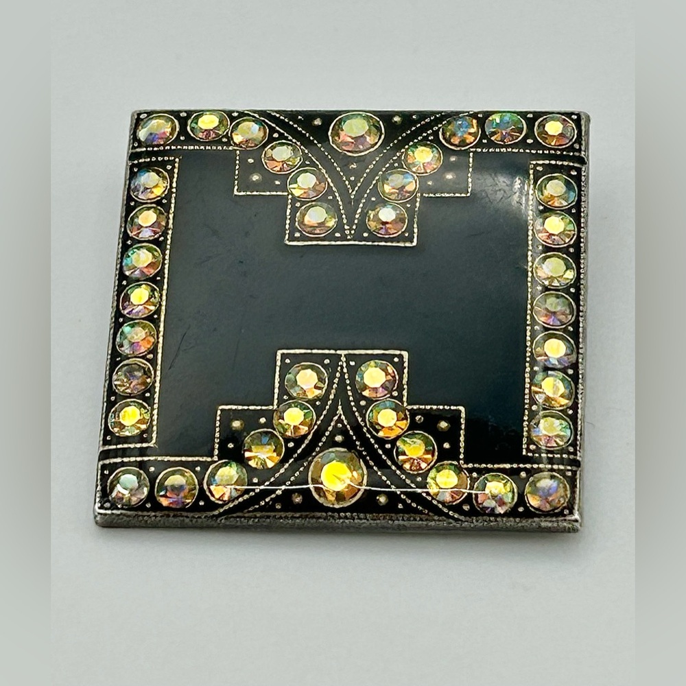 Catherine Popesco Brooch Pin - Black Enamel and Gold Jeweled, French Art Deco